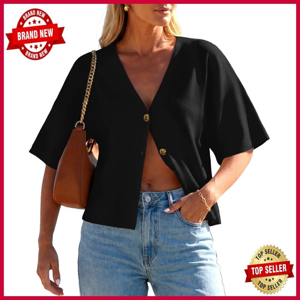 Lightweight V-Neck Cardigan, Short Sleeve Button Front, Regular Fit